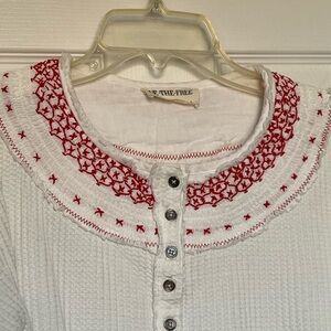 Free People Winter White and Red Smocking Embroidered neckline shirt Christmas